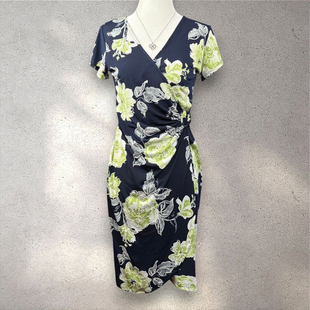 Shelby & Palmer Floral Wrap Dress Women's S Navy Green Midi Summer Wedding Party